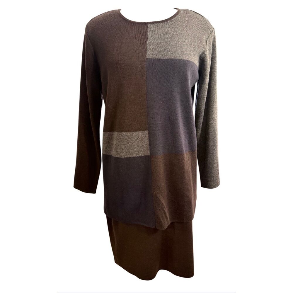 NWT Nina Leonard 2-Pc Set Color Block Sweater & Solid Skirt Sz. Large